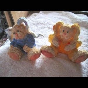 2 Resin Bunny Rabbit Figures Whimsical Bunnies Easter Nursery Blue Yellow Baby